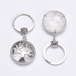 Quartz Crystal Natural Quartz Crystal Keychain, with Brass Finding, Flat Round with Tree of Life, 64mm