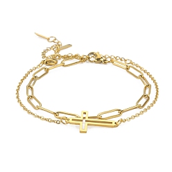 Настоящее золото 18K 304 наборы цепочек из скрепок и браслетов из нержавеющей стали, штабелируемые браслеты с перекрестными ссылками для женщин, реальный 18 k позолоченный, 6-7/8 дюйм (17.6 см)