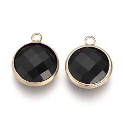 Черный Стеклянные подвески, с латунной фурнитурой , граненые, плоско-круглые, чёрные, 9.5x6.5x2.5 мм, отверстие : 2 мм