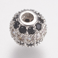 Platinum Brass Micro Pave Cubic Zirconia Beads, Round, Black, Platinum, 6mm, Hole: 1.5mm
