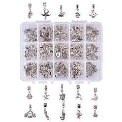 Antique Silver Alloy European Dangle Charms, Tibetan Style, Large Hole Pendants, Sea Animals, Antique Silver, 14x10.8x3cm