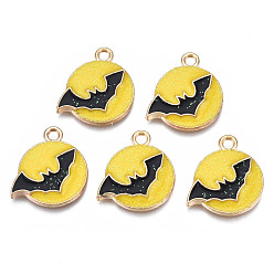 Yellow Rack Plating Alloy Enamel Pendants, with Glitter Powder, Halloween, Cadmium Free & Nickel Free & Lead Free, Flat Round with Bat, Light Gold, Yellow, 18x16x2.5mm, Hole: 1.8mm