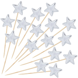 Silver 50Pcs Star PU Cake Toppers, Cake Insert Cards, for Cake Decoration, with Wood Stick, Silver, 118x34x4mm