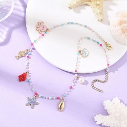 Oro Collares con múltiples colgantes de plata de ley esmaltada con forma de estrella de mar, pulpo y pez., 304 Collares de cadena de acero inoxidable y cuentas de vidrio, colorido, dorado, 15.94 pulgada (40.5 cm)