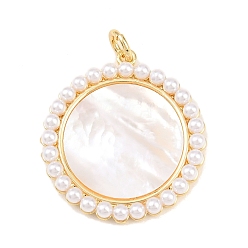 Плоский Круглый Латунь с подвесками из натуральных белых ракушек, с кромкой из АБС-пластика, имитирующей жемчуг, реальный 18 k позолоченный, долговечный, стойки покрытие, без свинца и без кадмия, плоско-круглые, 38.5x35x5 мм, Перейти кольцо: 8x1.5 мм, внутренний диаметр: 5 мм