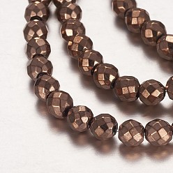 с Покрытием Меди Гальванизировать немагнитных синтетический гематит бисер пряди, бисер нитей, граненые, круглые, с медным покрытием, 4 мм, отверстие : 0.5 мм, около 102 шт / нитка, 15.5 дюйм