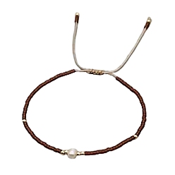 Кокосово-Коричневый Регулируемые браслеты из плетеного бисера и стеклянных бусин для женщин, с натуральным пресноводным жемчугом, кокосового коричневый, 11.02 дюйм (28 см)