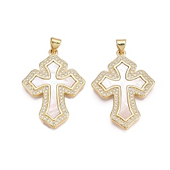 Настоящее золото 18K Латунные микропаве прозрачные подвески с фианитом, без кадмия и без свинца, с оболочкой, крест прелести, реальный 18 k позолоченный, 34x24.5x2.5 мм, отверстие : 5x3.5 мм