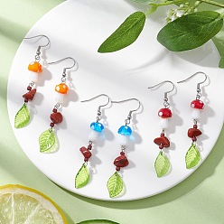 Нержавеющая Сталь Цвет 3 пары серег-грибов в стиле лэмпворк, с натуральной красной яшмой и 304 крючками для сережек из нержавеющей стали, цвет нержавеющей стали, 69.5x10.5 мм