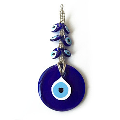Royal Blue Flat Round with Evil Eye Glass Pendant Decorations, Hemp Rope Hanging Ornament, Royal Blue, 180x50mm