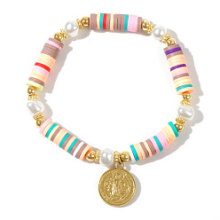 Разноцветный Браслеты в стиле бохо с круглыми звеньями и подвесками Святого Бенедикта из нержавеющей стали, Браслеты из полимерной глины, бусины хейши, эластичные для женщин, с имитацией жемчуга, красочный, внутренний диаметр: 6-7/8 дюйм (17.5 см)