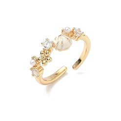 Light Gold Anillos de dedo de latón esmaltado con temática oceánica, forma de concha con flor, con diamantes de imitación y perla de plástico, la luz de oro, 6 mm, diámetro interior: 17 mm