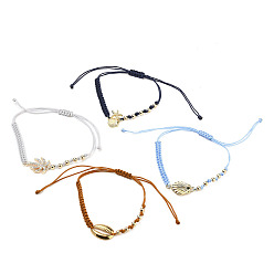 Mixed Color Adjustable Nylon Thread Braided Bead Bracelets Sets, with Alloy Links and Round Brass Beads, Shell Shape & Starfish & Coconut Tree, Golden, Mixed Color, Inner Diameter: 1-3/8~3-3/4 inch(3.5~9.7cm), 4pcs/set