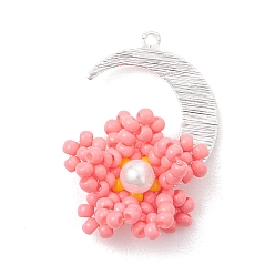 Лосось Подвески из стеклянных бусин в виде луны и цветов, с соединителями из латуни, серебряные, salmon, 26.5x18.5x8 мм, отверстие : 1.2 мм