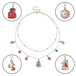 Colorful Alloy Satellite Chains Double Layer Necklace with Alloy Christmas Tree & Deer & Snowflake Charms, Colorful, 14.72 inch(37.4cm)