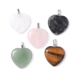 Mixed Stone Naturla Mixed Gemstone Pendants, Heart Charms, with Platinum Tone Brass Findings , 28x25x5.5~7mm, Hole: 5x3.5mm
