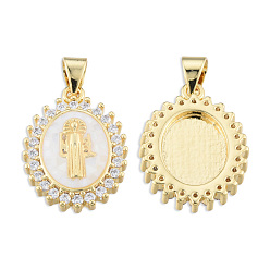 White Brass Micro Pave Clear Cubic Zirconia Pendants, with Enamel and Shell, Golden, Nickel Free, Oval with Saint, White, 19.5x14.5x4mm, Hole: 3x4mm