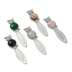 Смешанные камни Зажимы для закладок из сплава в тибетском стиле сова, закладка из смешанных драгоценных камней, 87~88x22~23x8~9 мм