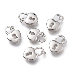 Платина Подвески из латуни, с прыжковых колец, долговечный, сердце замок, платина, 19x13x4 мм, отверстие : 3 мм