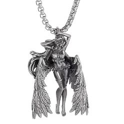 Antique Silver Vintage Alloy Goddess with Angel Wings Pendant Necklaces, Antique Silver, 23.62 inch(60cm)