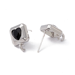 Platinum Rack Plating Alloy Stud Earring Findings, with Jet Rhinestone, 925 Sterling Silver Pins and Vertical Loops, Cadmium Free & Lead Free, Square with Heart, Platinum, 14x10x4.5mm, Hole: 2mm, Pin: 0.6mm