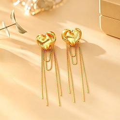 Heart Brass Stud Earrings for Women, Golden, Tassel Earrings, Heart, 85x22mm