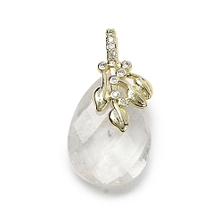 Хрусталь Подвески из натурального кварцевого кристалла с огранкой в виде капли, с латунной микропаве с отделкой в виде листьев из прозрачного кубического циркония, золотые, стойки покрытие, 24.5~25x13.5x7.5~8.5 мм, отверстие : 3x4.5 мм