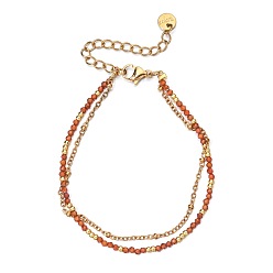Orange Red Golden Tone 304 Stainless Steel Double Strand French Chain Bracelets with Faceted Round Cubic Zirconia for Women, Orange Red, 6.50 inch(16.5cm)