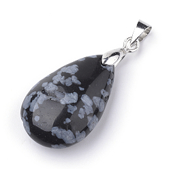 Snowflake Obsidian Natural Snowflake Obsidian Pendants, with Alloy Findings, teardrop, Platinum, 23~24x14x8mm, Hole: 4x5mm