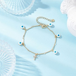 Белый Браслеты с подвесками из латуни и эмали, латунные звенья цепи браслеты для женщин, сглаз и крест, белые, 7-1/8 дюйм (18.2 см)