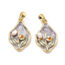 Настоящее золото 18K Латунь эмаль подвески, с натуральным пресноводным жемчугом и акрилом, неправильный овал с цветочными подвесками, без кадмия, без никеля и без свинца, реальный 18 k позолоченный, 22x14x5.5 мм, отверстие : 3x4 мм