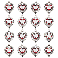 Античное Серебро 24 шт. Подвески из сплава эмали, со стразами, сердце с подвеской в виде бабочки, античное серебро, 33.5x26x3 мм, отверстие : 2.8 мм