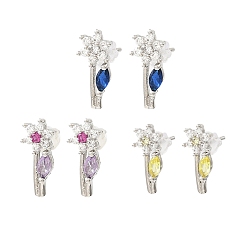Mixed Color Flower Platinum Brass Stud Earrings, with Clear Cubic Zirconia, Long-Lasting Plated, Lead Free & Cadmium Free, Mixed Color, 15x6.5mm