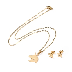 Золотой 304 серьги-гвоздики в виде единорога из нержавеющей стали и ожерелье с подвеской, набор украшений для женщин, золотые, 17.32 дюйм (44 см), 10x8x1 мм, штифты : 0.8 мм
