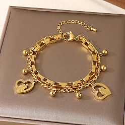 Сердце День матери 304 Браслеты из нержавеющей стали с цепочками Фигаро и коробчатой цепочкой, двухслойные, браслеты с подвесками для женщин, со стразами, золотые, Сердце с мамой и девочкой, 7.48 дюйм (19 см)