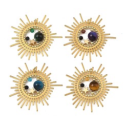 Golden Natural Gemstone & Glass Pendants, Sunburst Charm, with Brass Fingding & 304 Stainless Steel Open Jump Rings, Golden, 42x45x8.5mm, Hole: 3.5mm