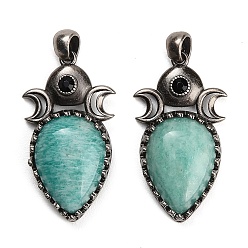Amazonite Natural Amazonite Pendants, Brass Rhinestone Triple Moon Teardrop Bezeled Charms, Antique Silver, 44x24x7mm, Hole: 5x5mm