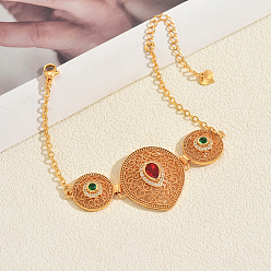 Золотой Браслеты из латуни с микропаве и фианитами для женщин, каплевидная и плоская круглая с цветком, золотые, внутренний диаметр: 7-1/2 дюйм (19 см)