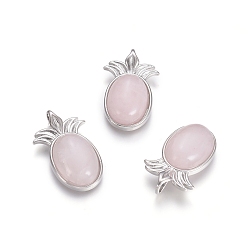 Rose Quartz Natural Rose Quartz Pendants, with Platinum Tone Brass Findings, Pineapple, 29x17.5x7mm, Hole: 4.5x3.5mm