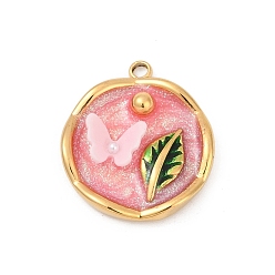 Плоский Круглый 304 нержавеющей стальной эмали подвески, с отделкой из искусственного жемчуга из смолы и АБС, ионное покрытие (ip), реальный 18 k позолоченный, бабочка, плоско-круглые, 21.5x19x5 мм, отверстие : 1.8 мм