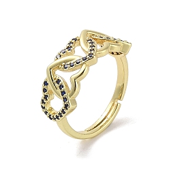Midnight Blue Real 18K Gold Plated Brass Micro Pave Cubic Zirconia Adjustable Rings, Cadmium Free & Nickel Free & Lead Free, Heart, Midnight Blue, US Size 8 1/4(18.3mm)
