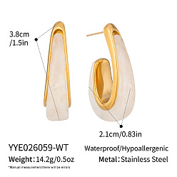 Blanco 304 Pendientes de resina de acero inoxidable para mujer, pendientes de medio aro, dorado, blanco, 38x21 mm