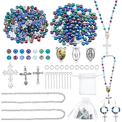 Gemischte Farbe Rosenkranz-Sets, enthalten 210 Stück galvanisierte Glasperlen, 210Stück Glasperlen, 1m Kabelketten, 200 Stück Ösenstift, 200 Stück offene Sprungringe, 5 Stück Organzabeutel, Gemischte Farbe, 6x5 mm, Bohrung: 1 mm