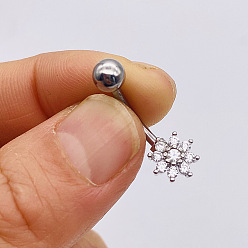 Цветок 304 Кольца для пупка из нержавеющей стали с микропаве из кубического циркония, цвет нержавеющей стали, цветок, 10 мм, штифты : 1.6 мм, Руководитель: 5 mm