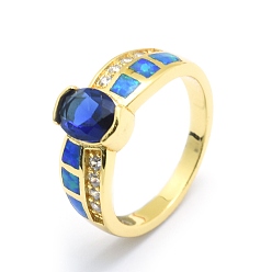 Golden Zirkonia Fingerringe, mit synthetischen Opal- und Messingbefunden, langlebig überzogen, ellipsenförmige, Größe 7, Blau, golden, 17.5 mm