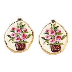 Plano Redondo 304 colgantes de esmalte de acero inoxidable, dijes con estampado de flores, dorado, encantos planas redondas, 21.5x17x2 mm, agujero: 0.9 mm