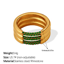 Golden 304 Stainless Steel Emerald Rhinestone Finger Rings, Golden, US Size 7(17.3mm)