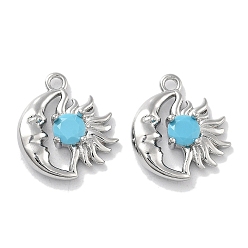 Темно-Голубой Латунь прелести, со стеклом, граненые, луна и солнце, глубокое синее небо, 14x12.5x3.5 мм, отверстие : 1.4 мм