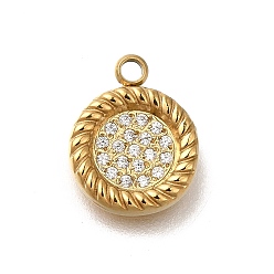 Настоящее золото 14K Ионное покрытие (ip) 304 подвески из нержавеющей стали со стразами, плоские круглые прелести, реальный 14 k позолоченный, 12x9.5x2 мм, отверстие : 1.4 мм