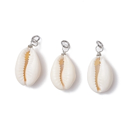Белый Подвески из натуральной каури, с круглыми петлями из медной ювелирной проволоки, платина, белые, 24.5~26.5x13.5x7.5~8 мм, отверстие : 3.5 мм